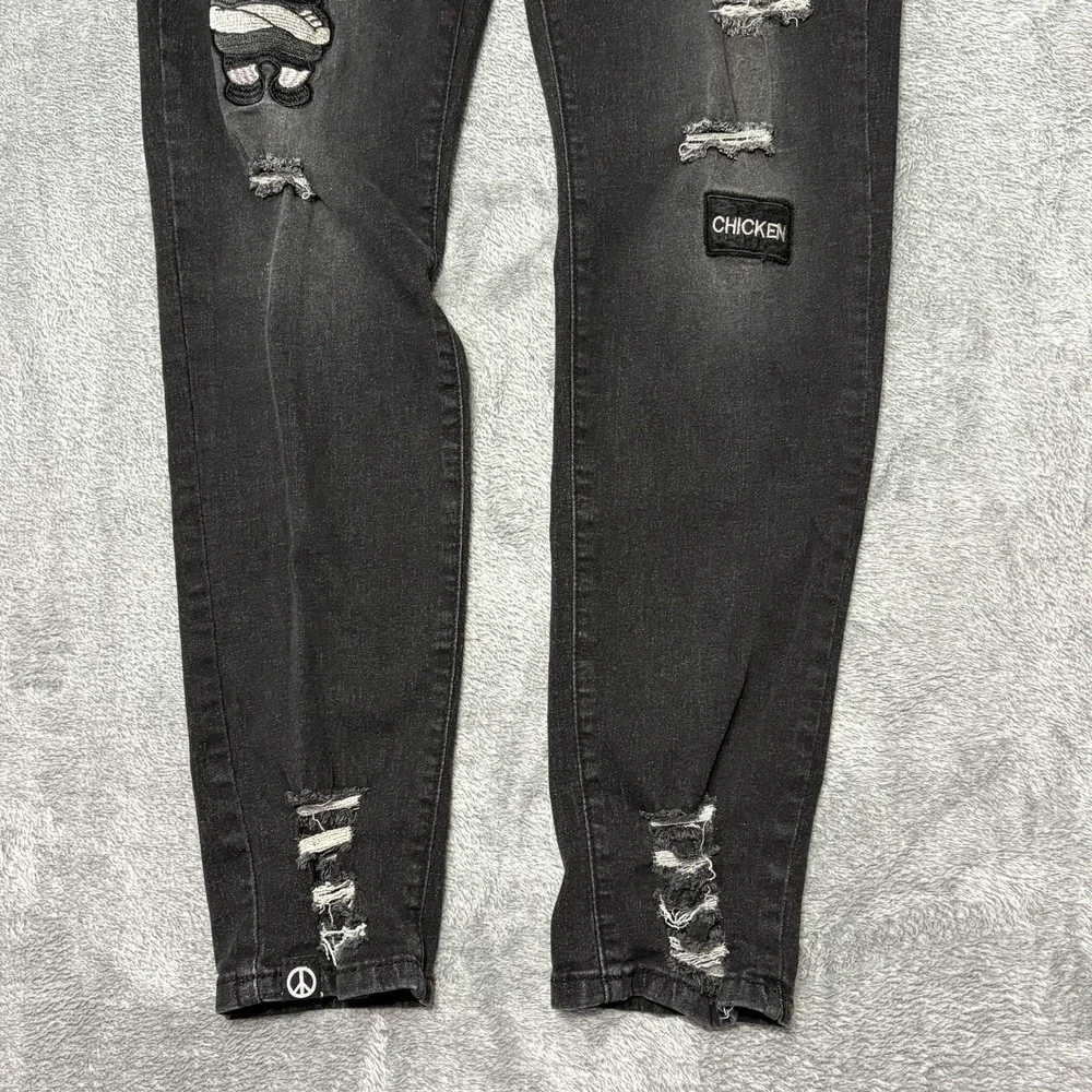 Black Distressed Skinny Jeans XXL Patches Graphic Streetwear Stretch Denim - Picture 3 of 12
